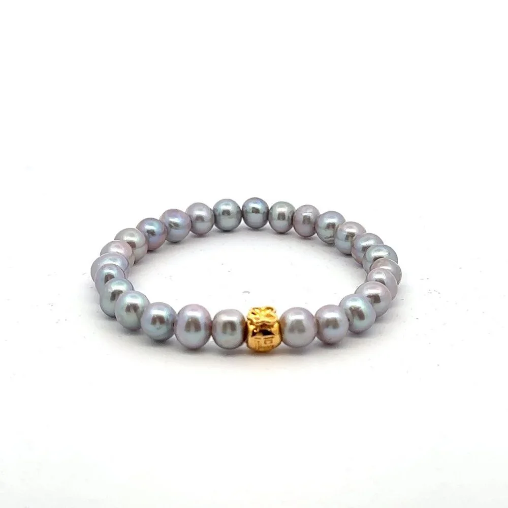 18K Gold Money Bag Lucky Charm Gray Pearl 6-7mm x 6-7.5mm - Picture 8 of 9